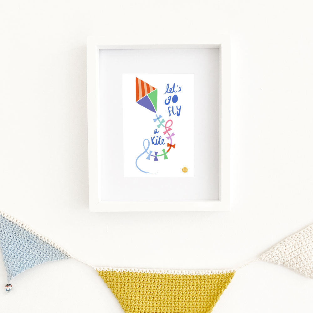 A5 Let's Go Fly a Kite Art Print with a white frame by Lilly & Bright