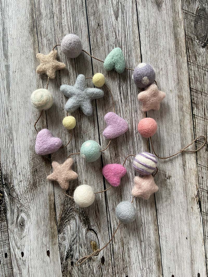 Felt Pom Pom Garland - Stripes and Dots, Hearts and Stars