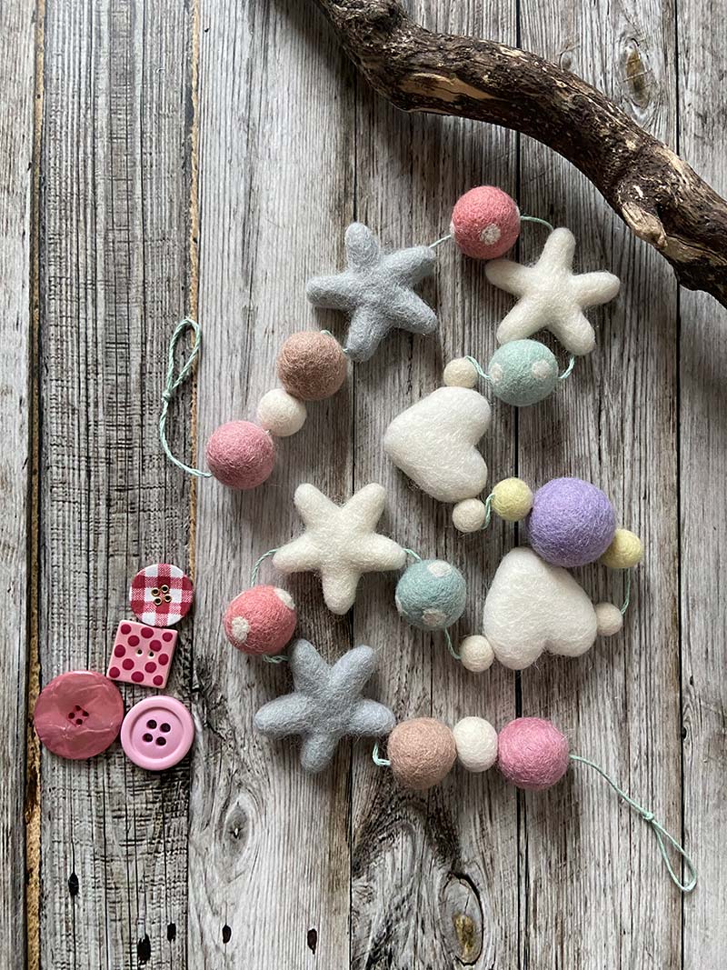 Felt Pom Pom Garland - White Hearts and Stars