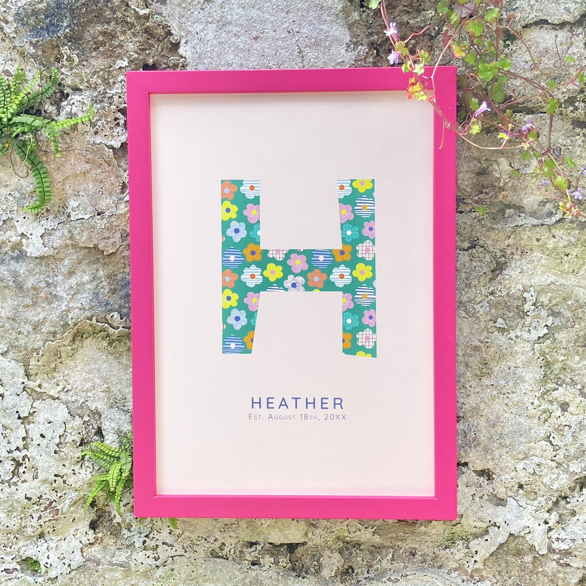 Lilly & Bright Personalised Letter Art Print with pink frame