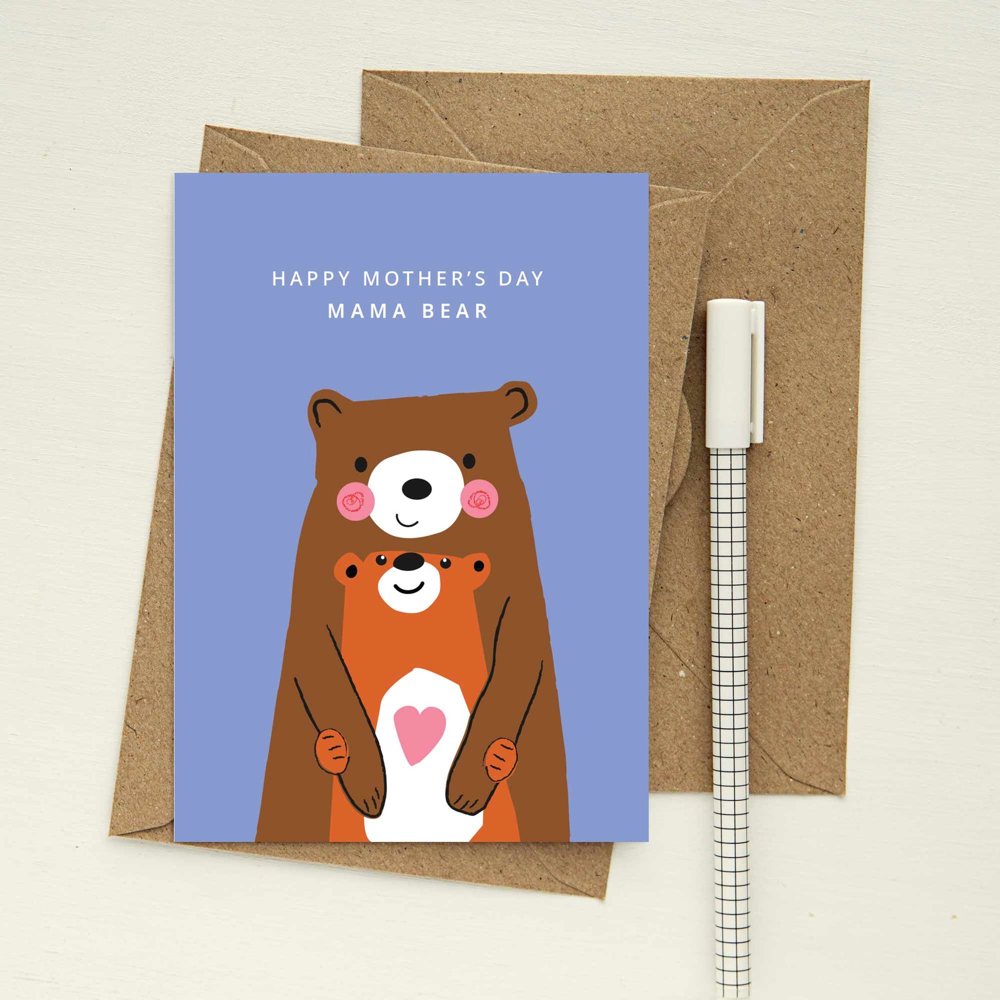 Cute Mama Bear Mothers Day Card with Kraft envelopes and pen