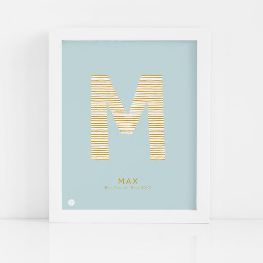 Lilly & Bright Personalised Letter Art Print Blue with mustard with white frame