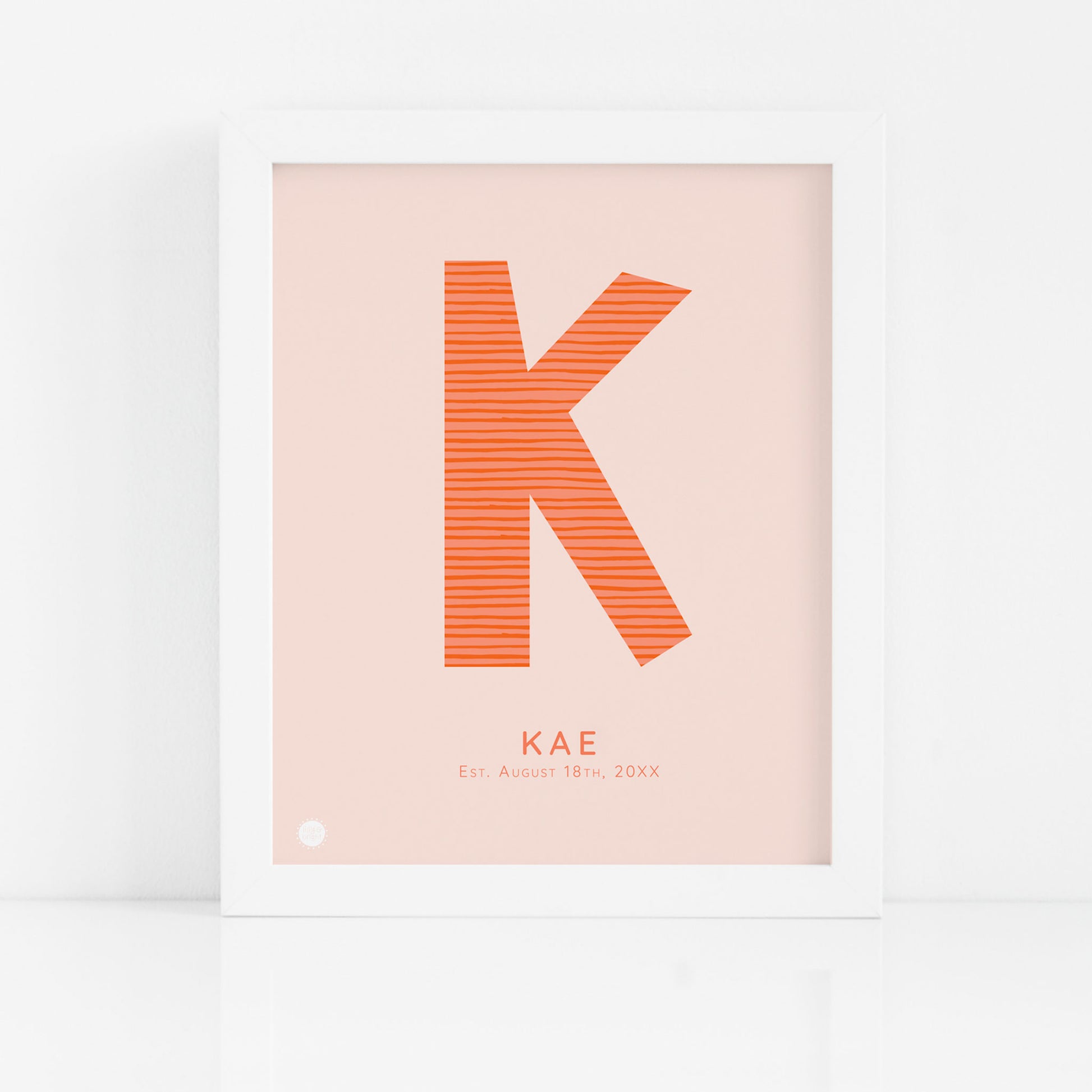 Lilly & Bright Personalised Letter Art Print with Orange Stripes with white frame