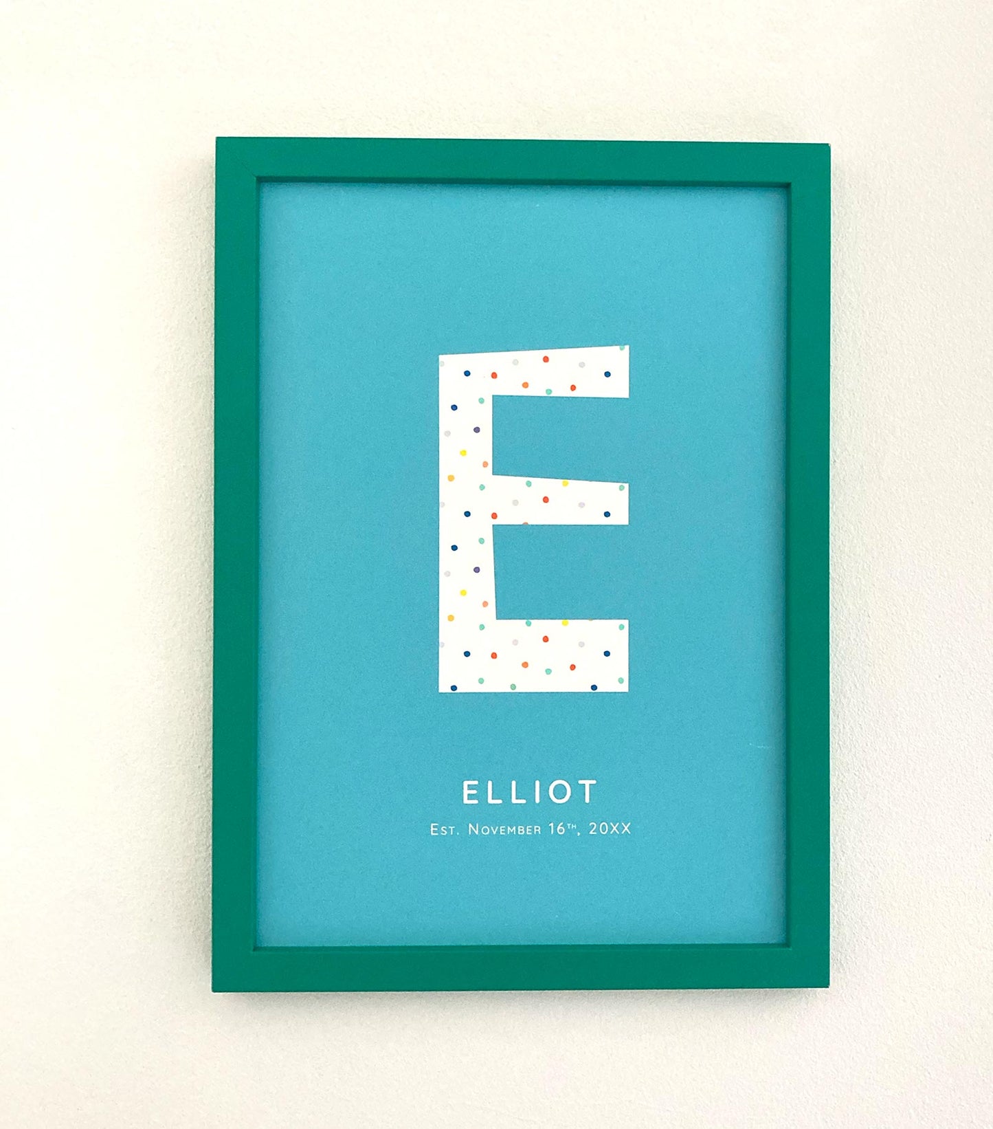 Personalised Letter Art Print for kids with a green Frame