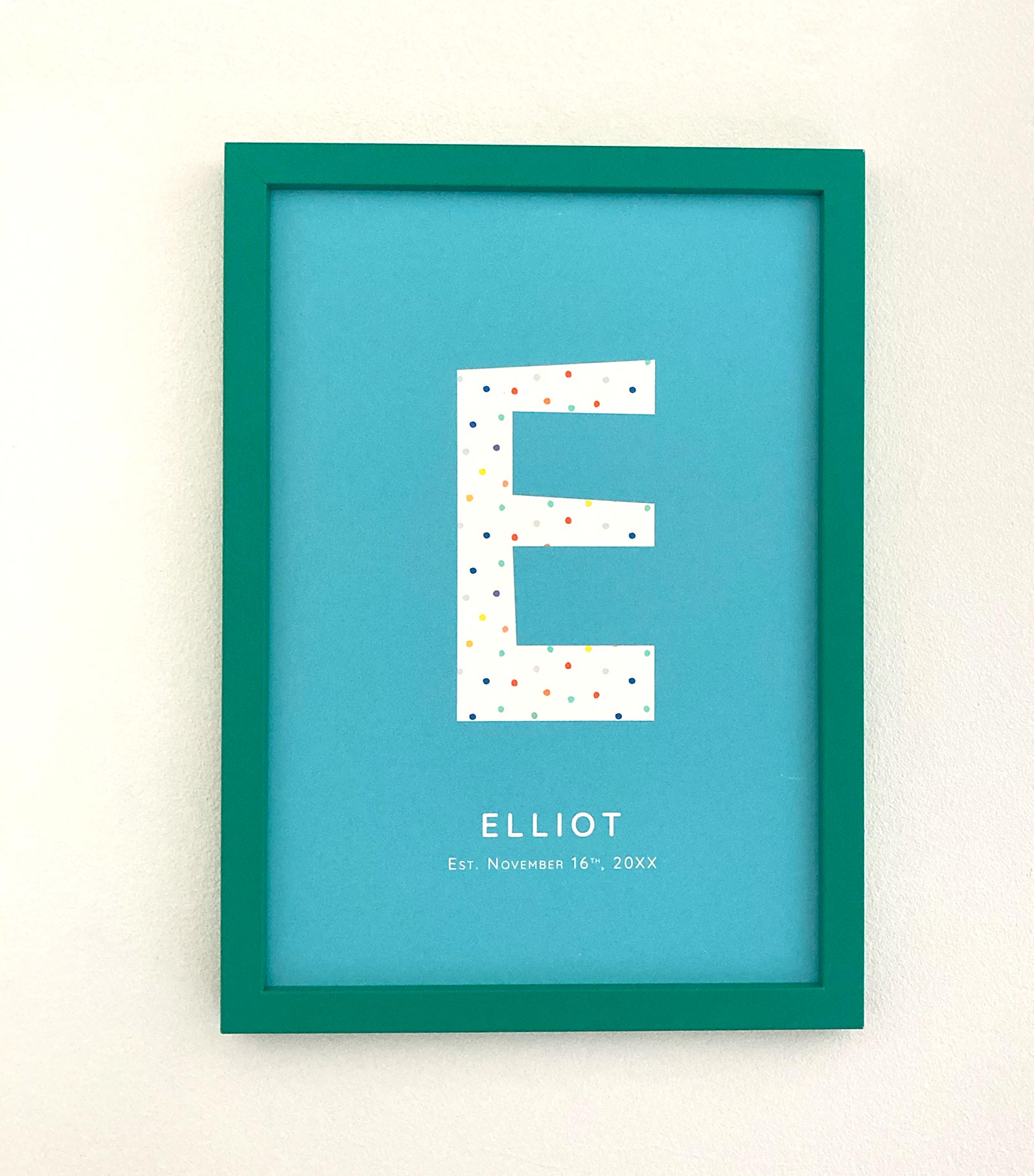 Personalised Letter Art Print for kids with a green Frame