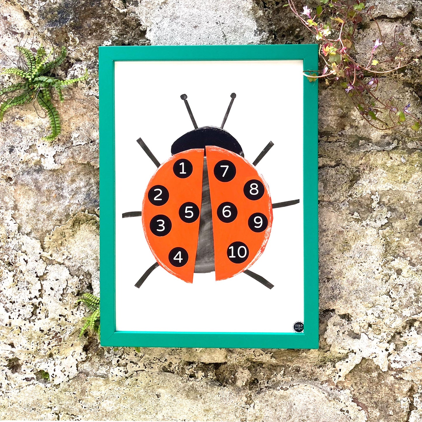 Lilly and Bright Ladybird Counting Art Print with green frame