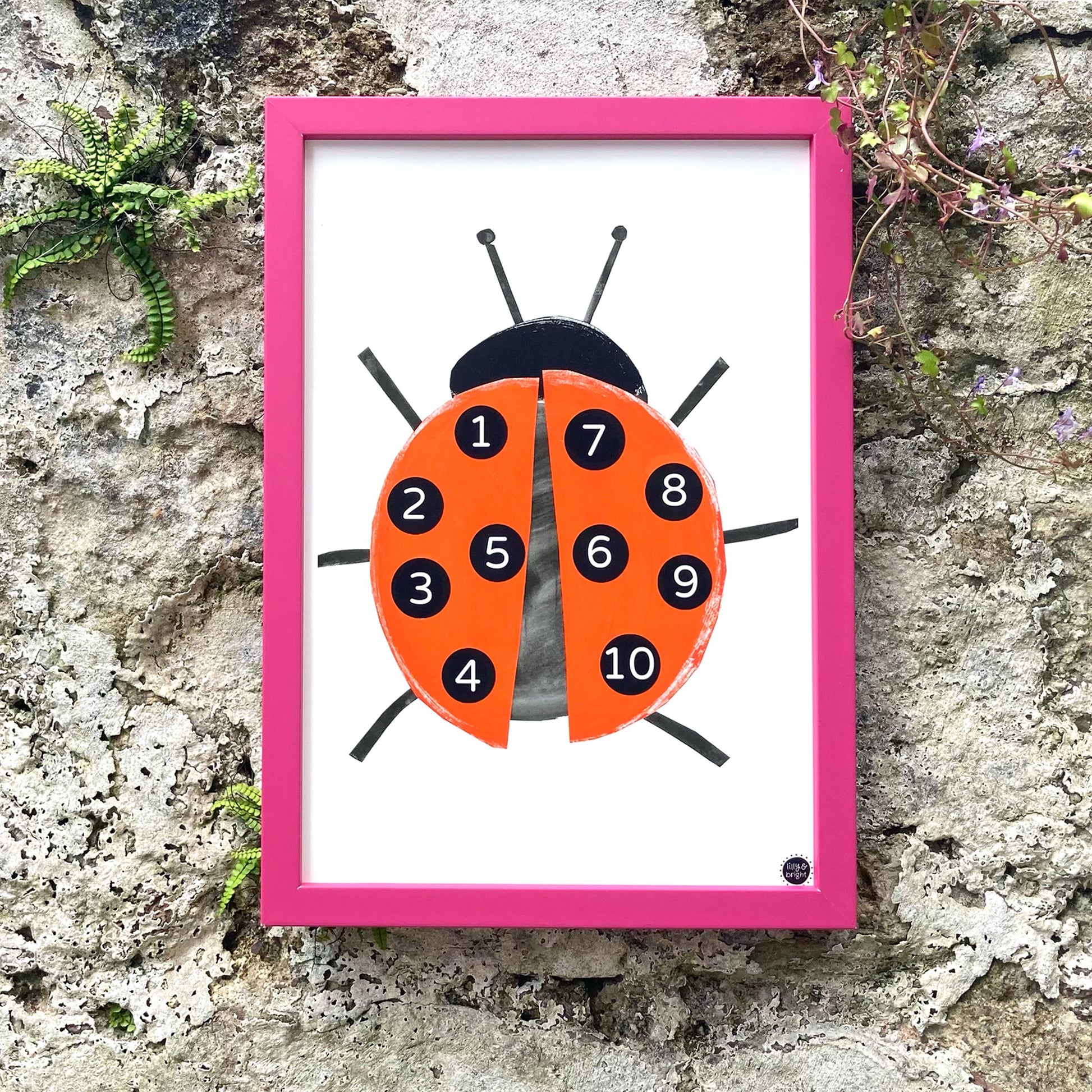 Lilly and Bright Ladybird Counting Art Print with pink frame