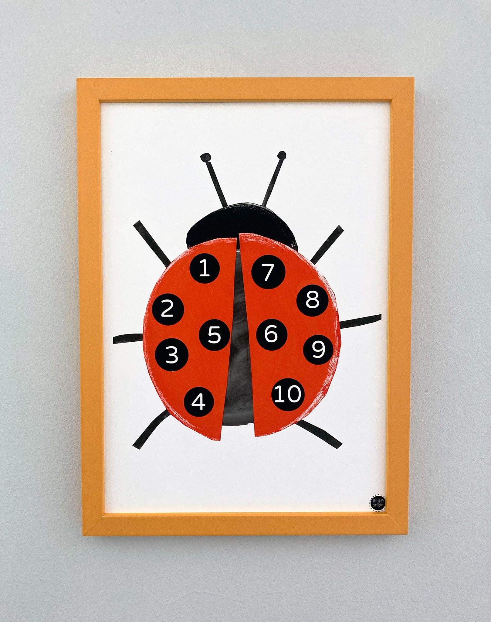 Lilly and Bright Ladybird Counting Art Print with Yellow Frame