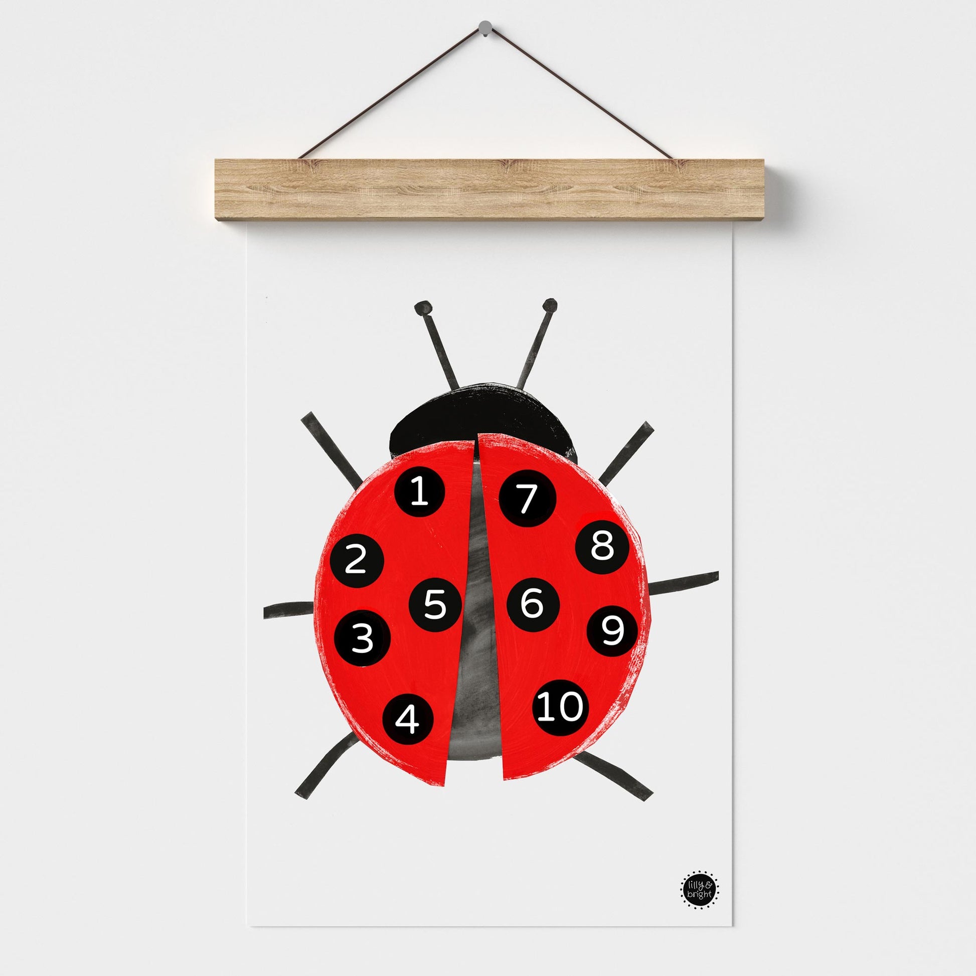 Lilly and Bright Ladybird Counting Art Print with wooden hanger