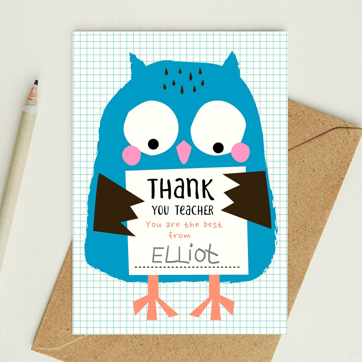 Lilly and Bright Little Owl Thank You Teacher Card with pencil