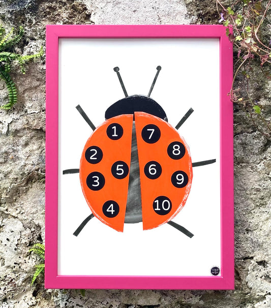Ladybird Counting Art Print for kids with a pink frame