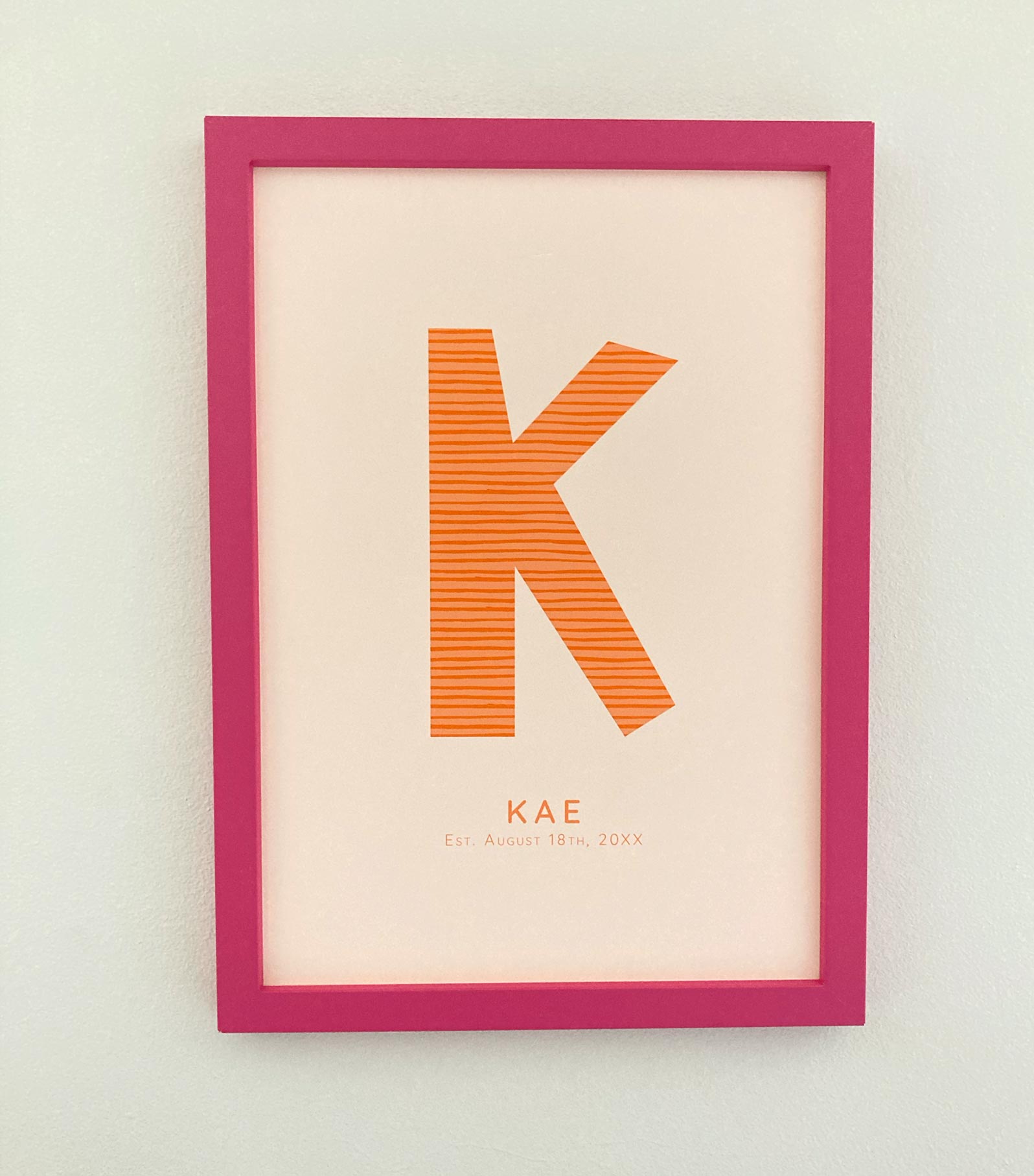 Personalised Letter Art Print for kids with Pink frame