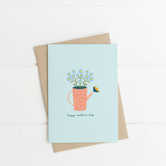 Watering Can of Flowers Mothers Day Card on a white background