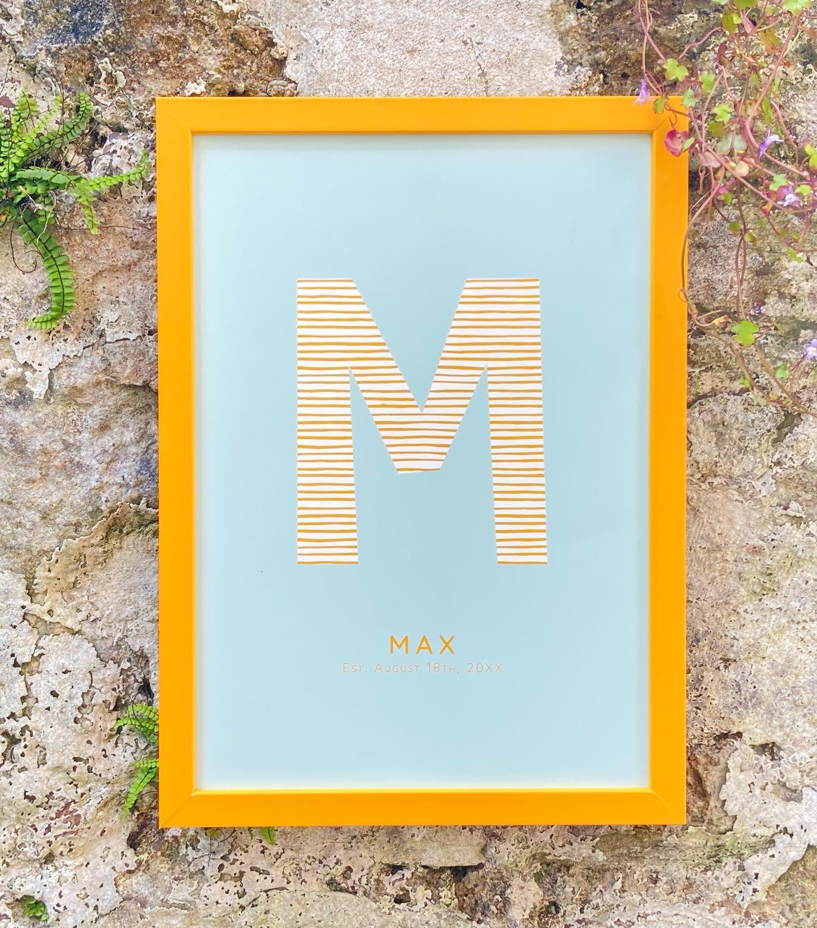 Personalised Letter Art Print for kids with yellow frame