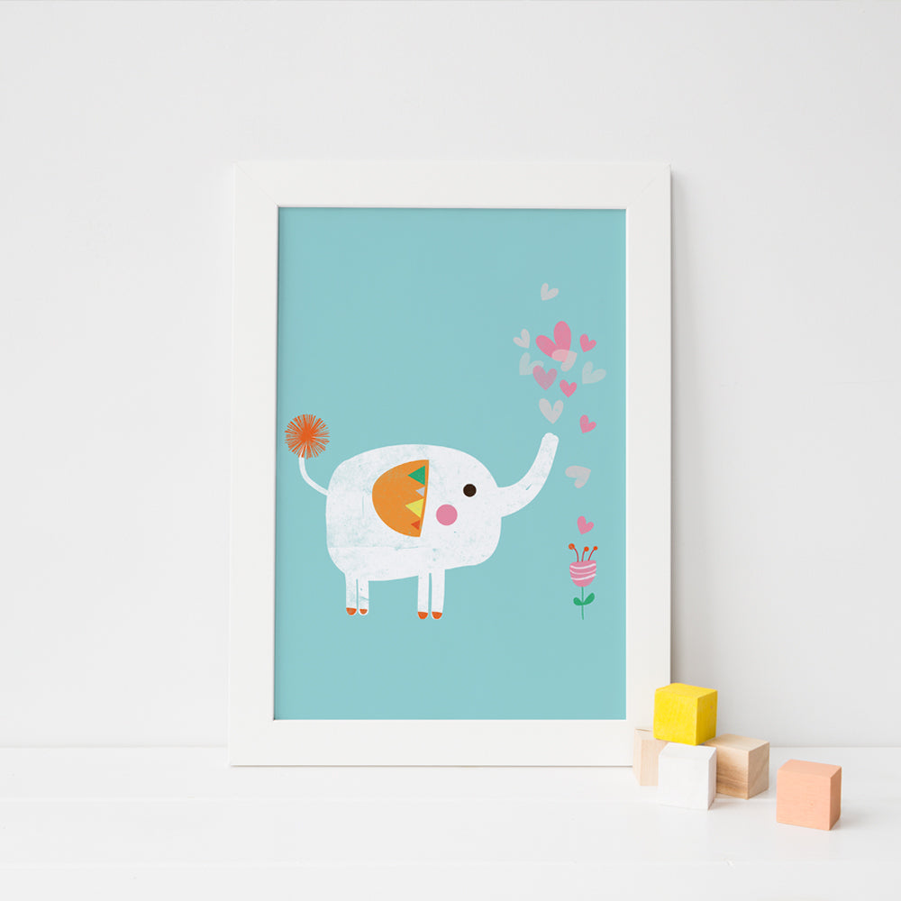 Elephant and flower nursery art print with blue background