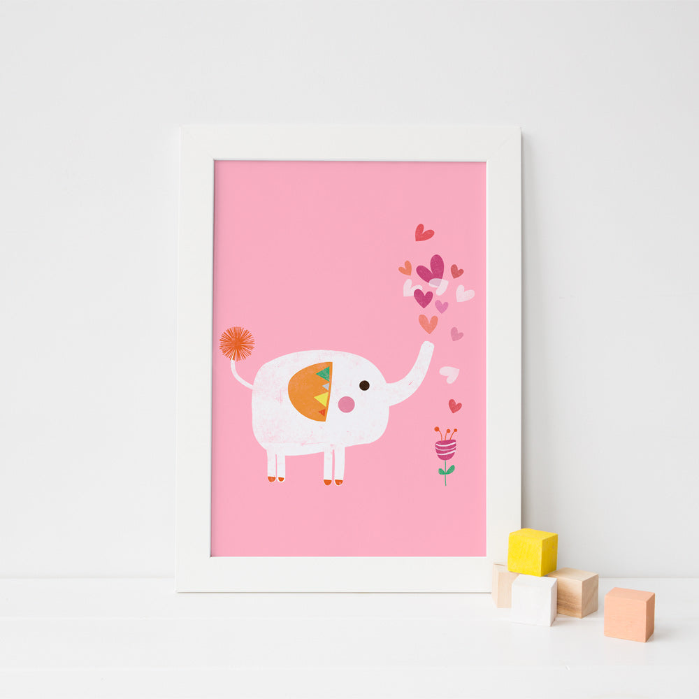 Elephant and flower nursery art print with pink background