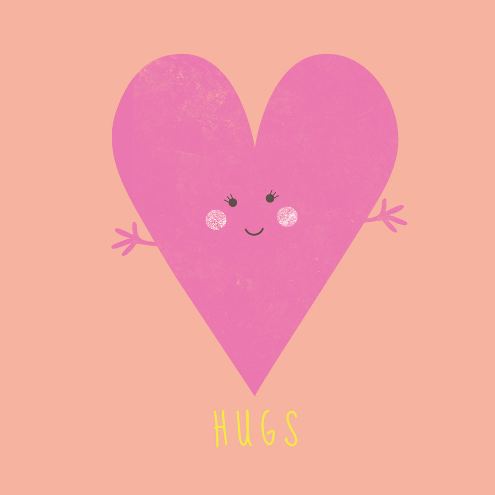 Detail of cute pink heart with arms and hugs written below the heart