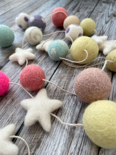 Lilly and Bright Felt Pom Pom garland with Pastel shades and white stars