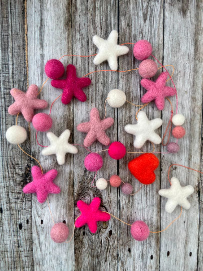 Felt Pom Pom Garland - Pink Stars with Orange Heart