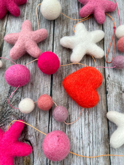 Felt Pom Pom Garland - Pink Stars with Orange Heart