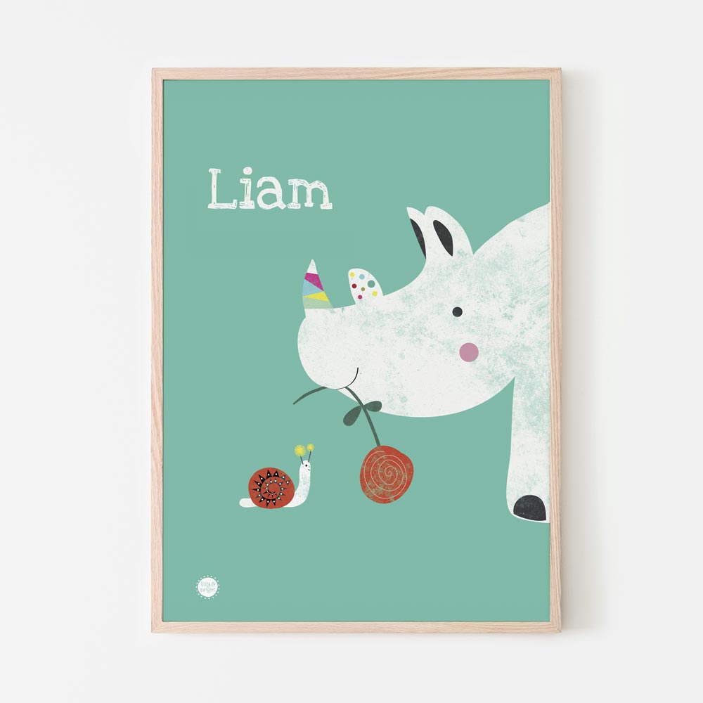 Personalised Rhino and snail Art Print for kids