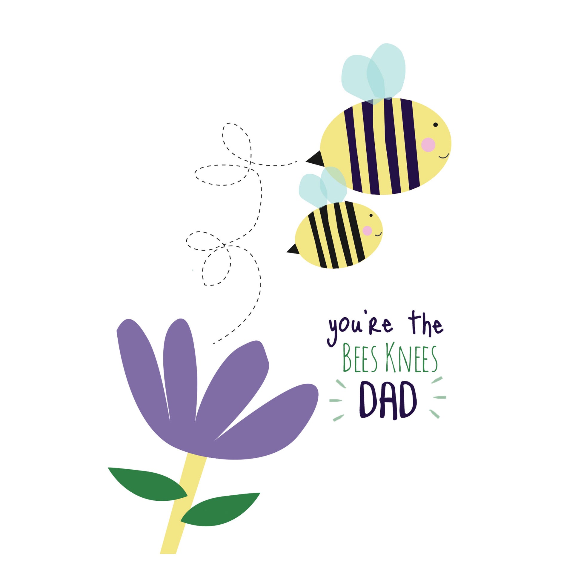 Detail of cute Fathers Day Card with bees and a purple flower