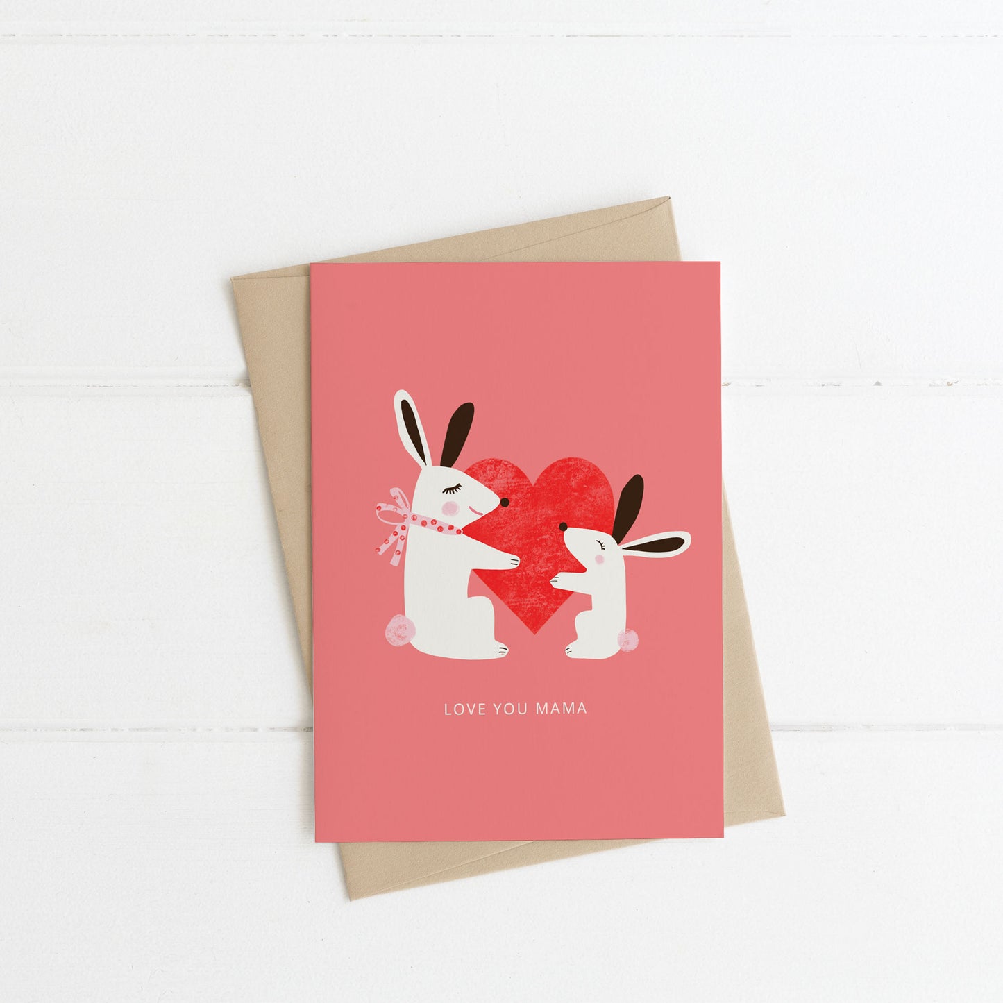 Cute Love you Mama Mother's Day Card with Bunnies holding a big red heart
