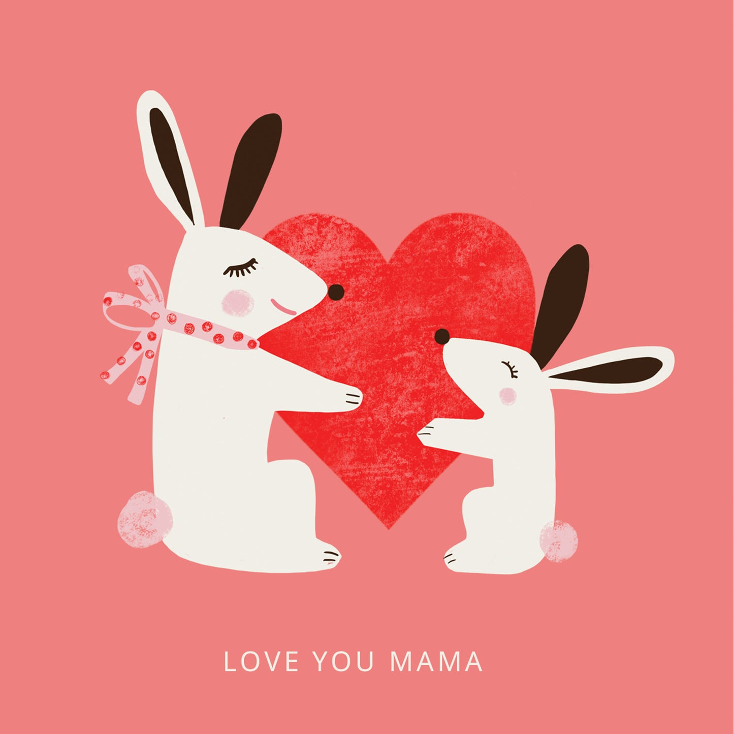 Detail of a cute Love you Mama Mother's Day Card with Bunnies holding a big red heart