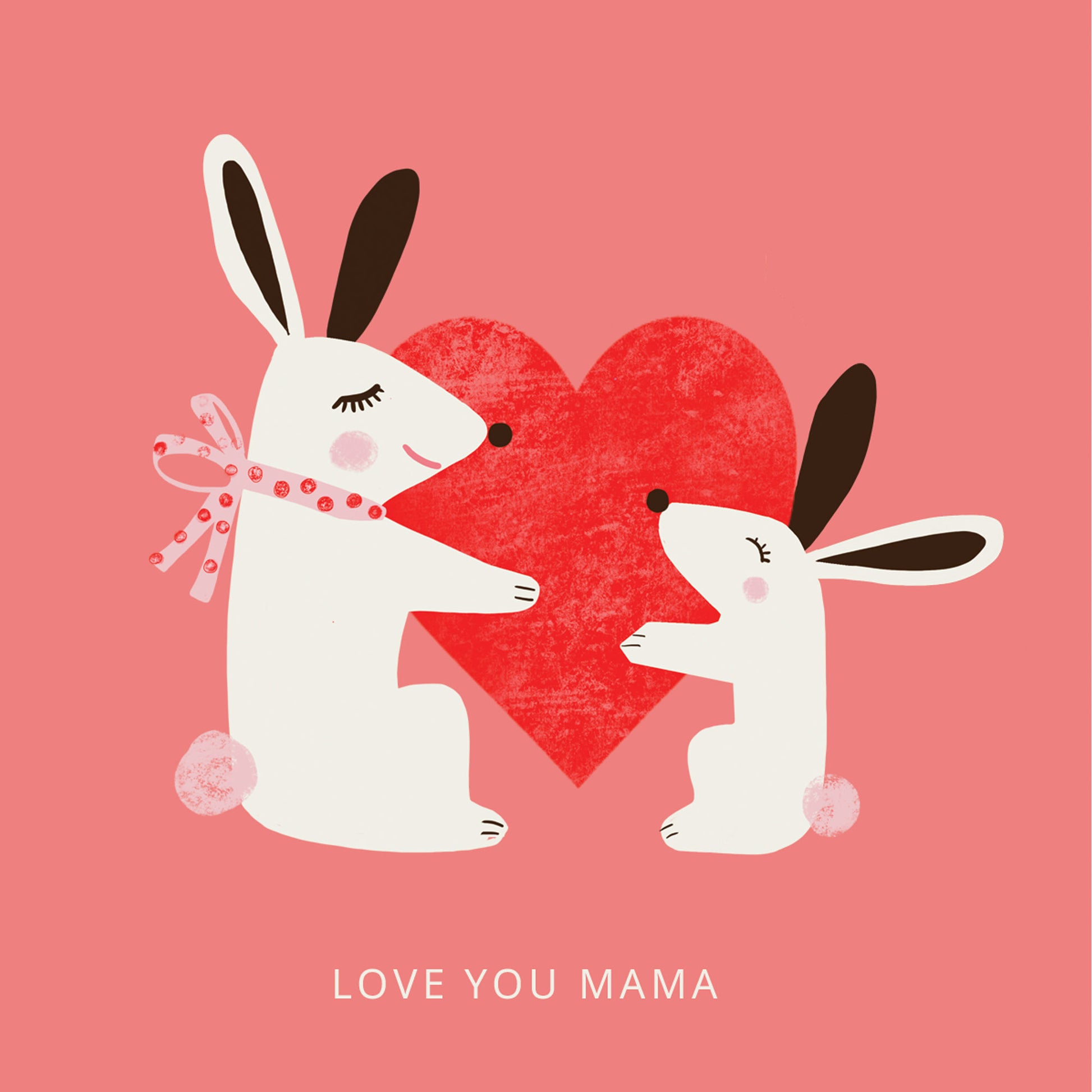 Detail of a cute Love you Mama Mother's Day Card with Bunnies holding a big red heart