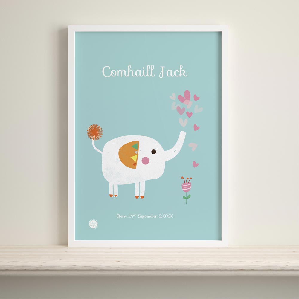 Elephant and flower personalised nursery art print with blue background