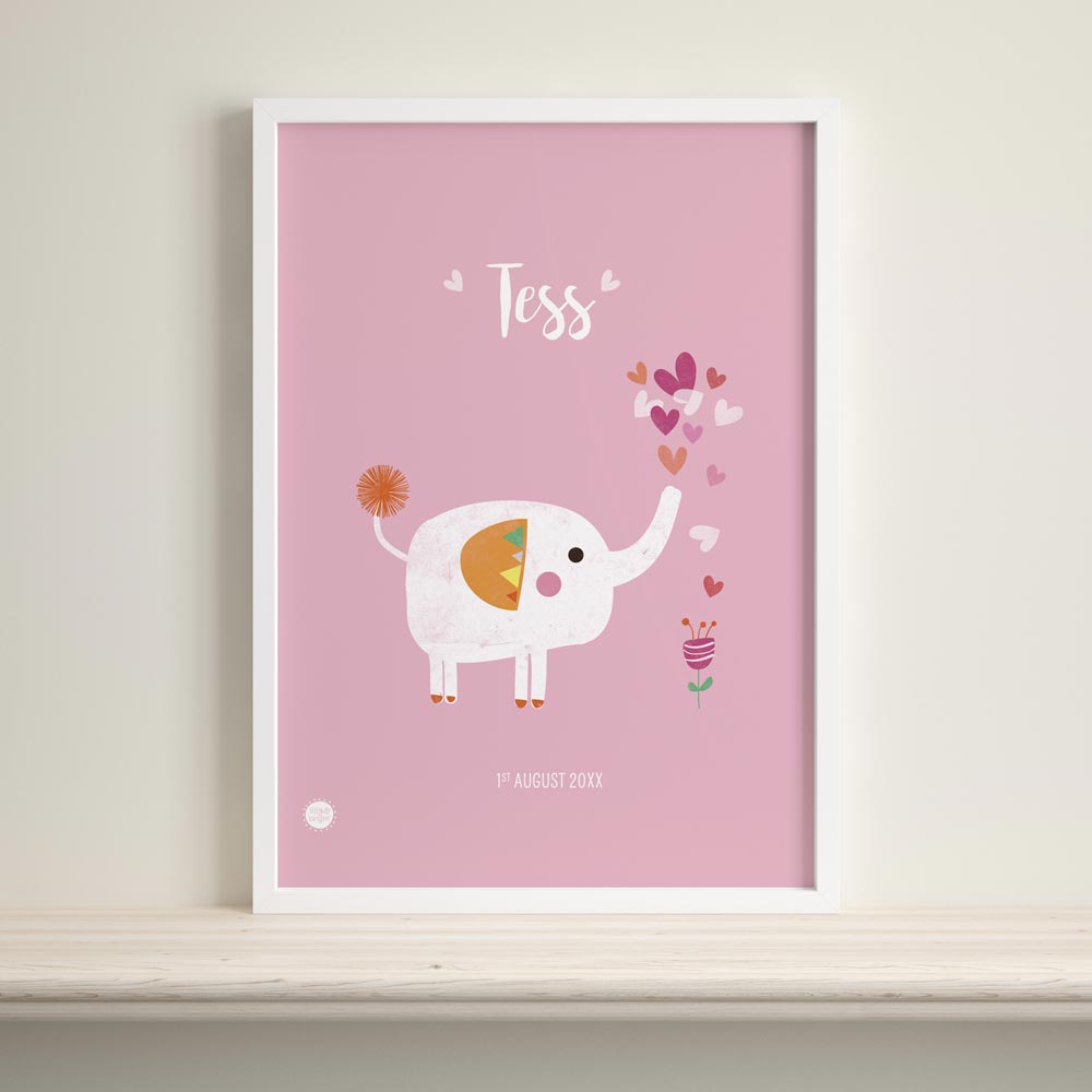Elephant and flower personalised nursery art print with pink background