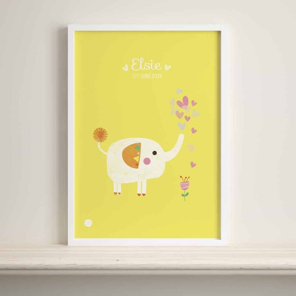 Elephant and flower personalised nursery art print with yellow background