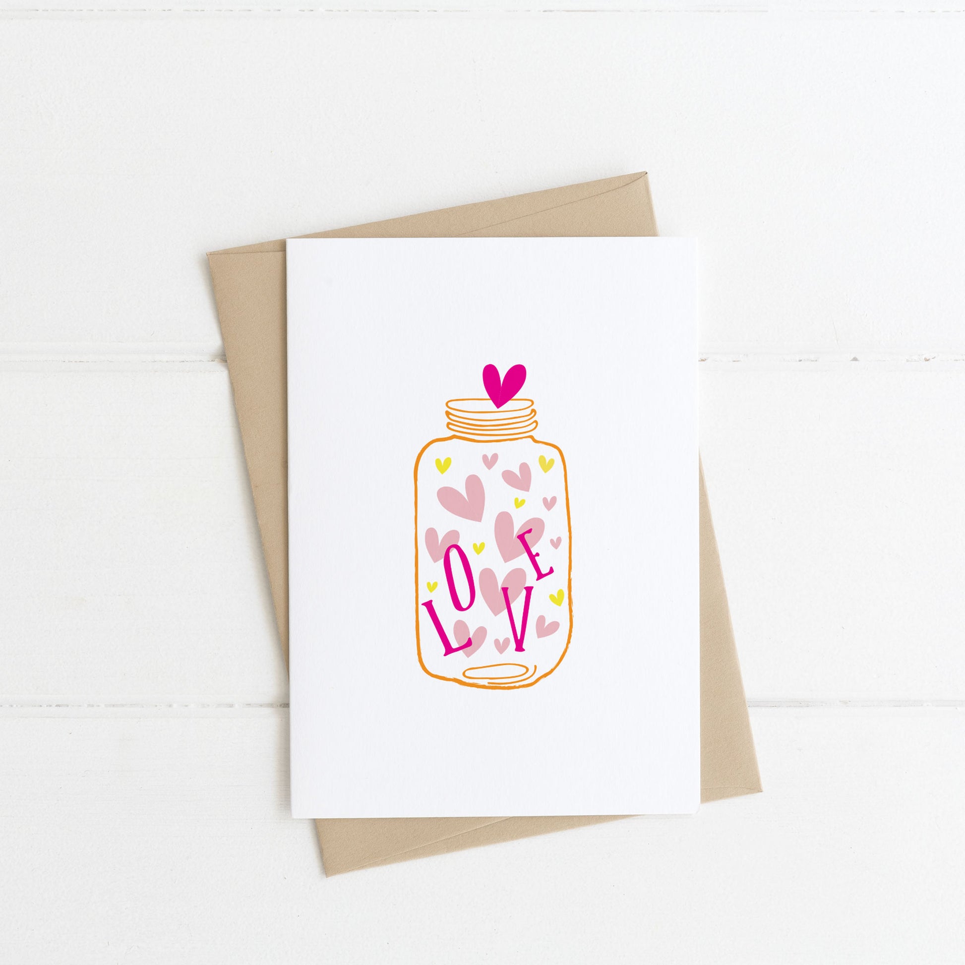 Jar full of hearts A6 greeting card with a white background