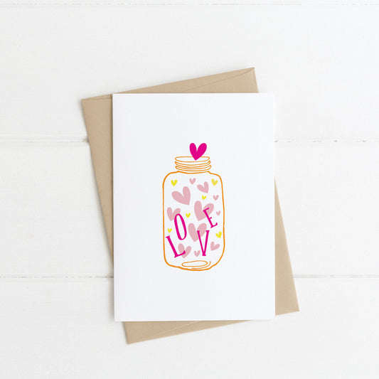 Jar full of hearts A6 greeting card with a white background
