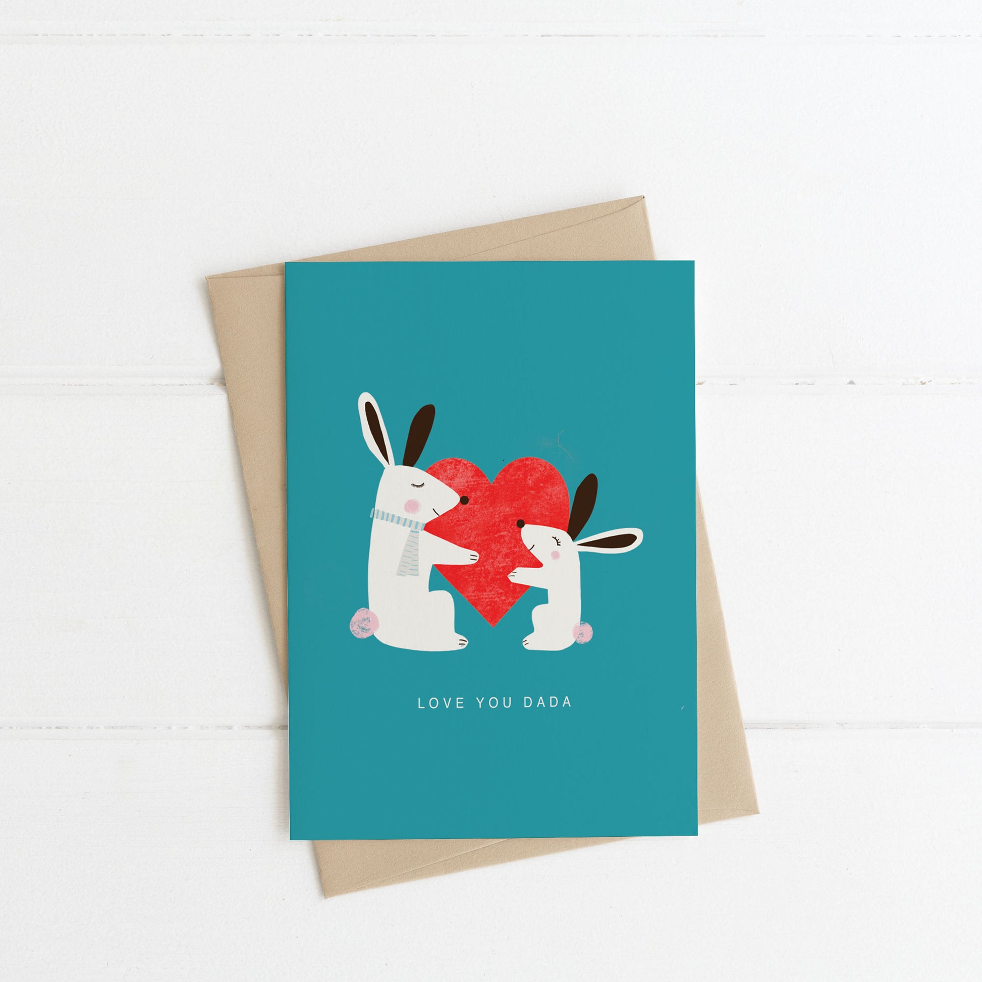 Cute Father's Day Card Love you Dada with Bunnies holding a big red heart