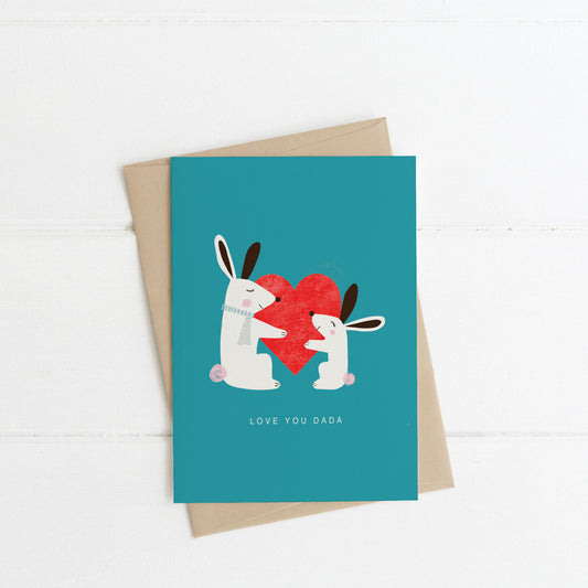 Cute Father's Day Card Love you Dada with Bunnies holding a big red heart