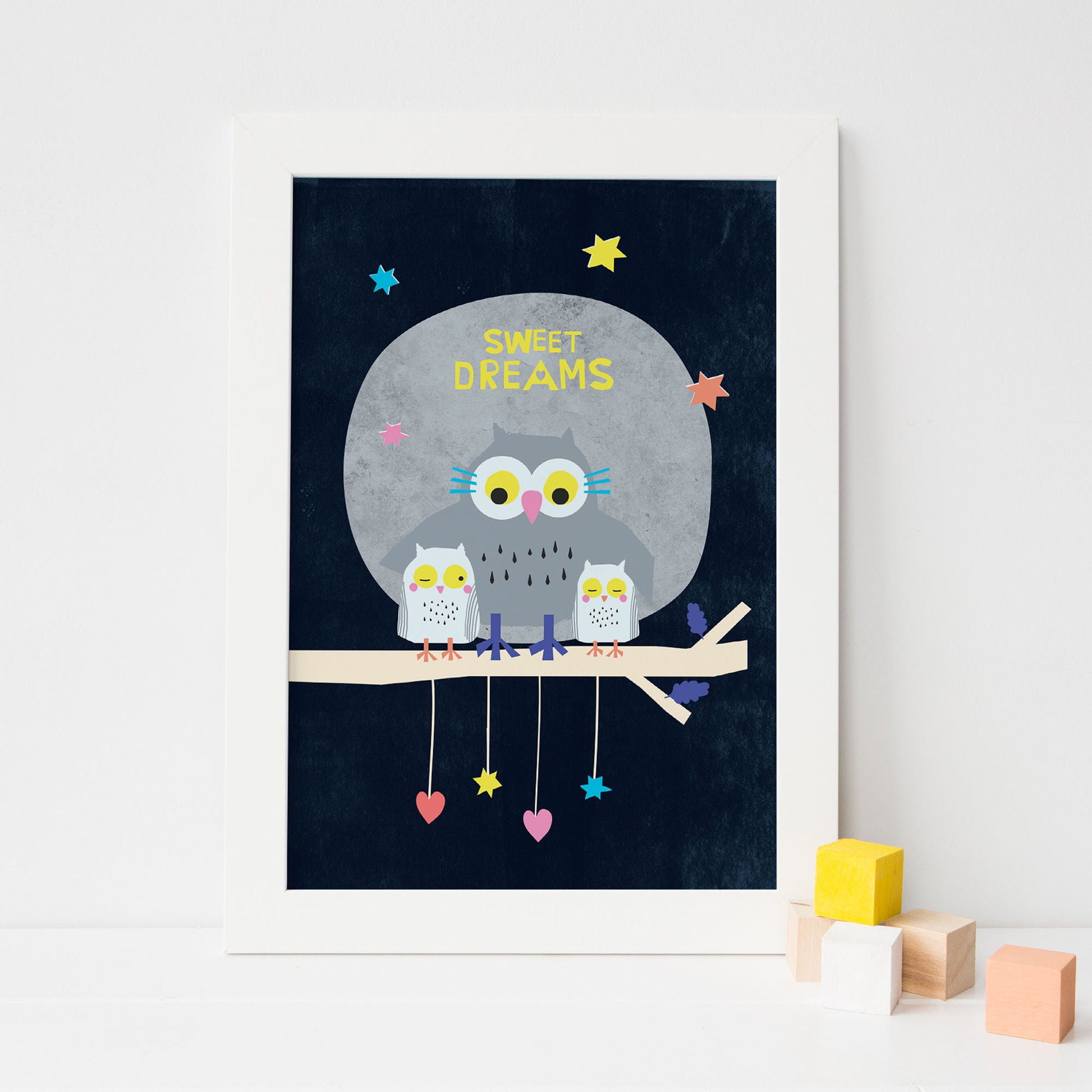 Lilly & Bright Sweet Dreams Owl Art Print with white frame and blocks