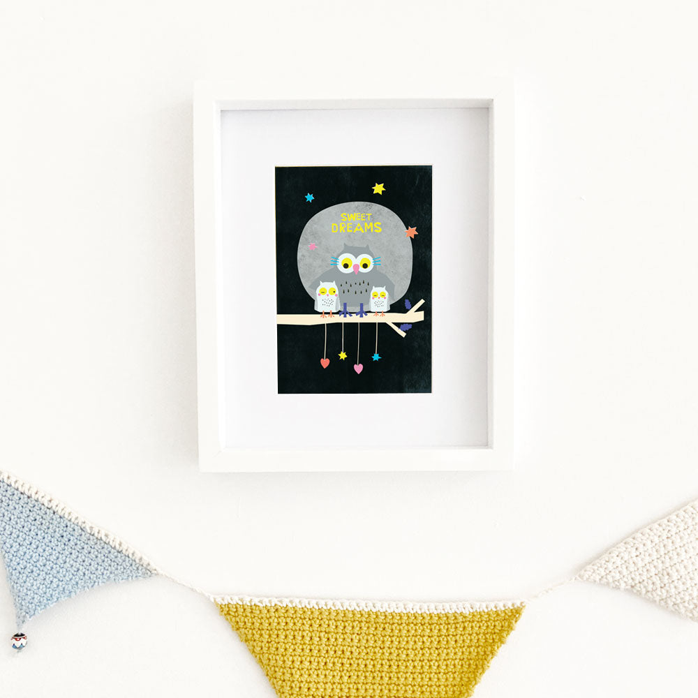 Lilly & Bright A5 Sweet Dreams Owl Art Print with white frame and bunting