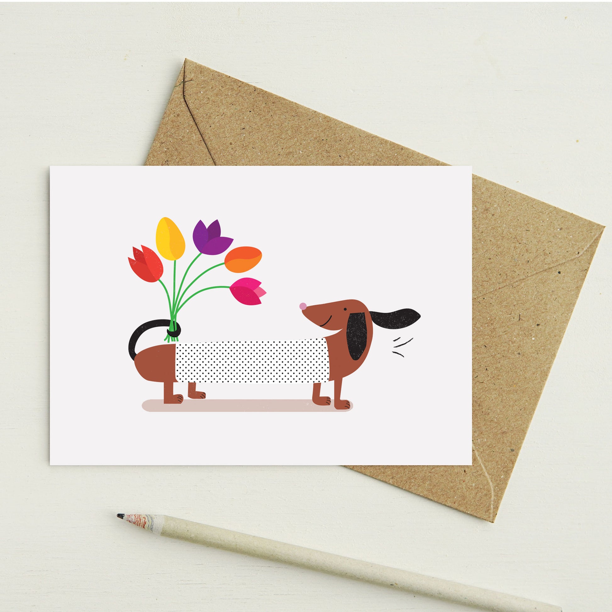 Lilly & Bright Sausage Dog with Flowers Greeting Card with pencil