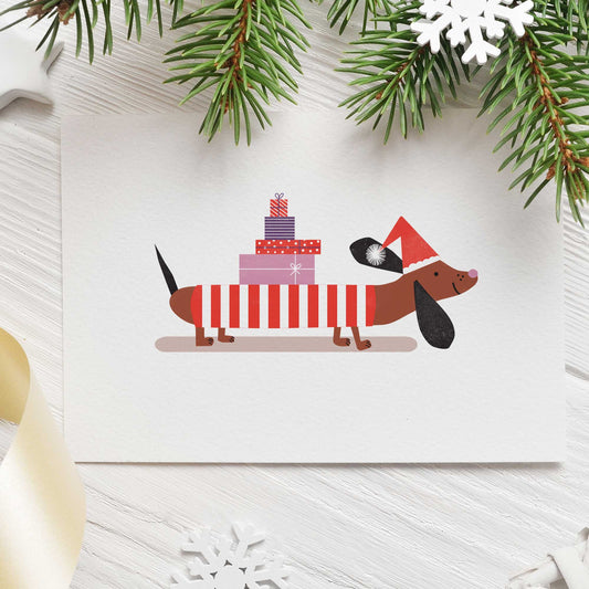 Sausage Dog with Presents Christmas Card