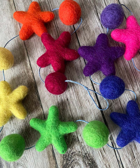 Lilly and Bright Felt Garland Coloured Stars and Pom Poms