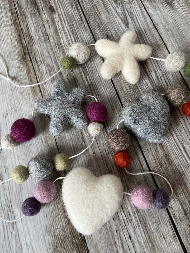 Felt Pom Pom Garland - White and Grey Hearts and Stars