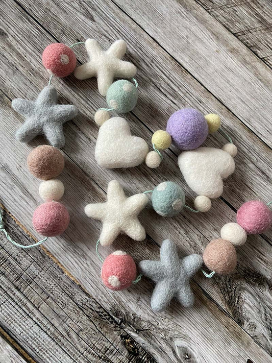 Felt Pom Pom Garland - White Hearts and Stars