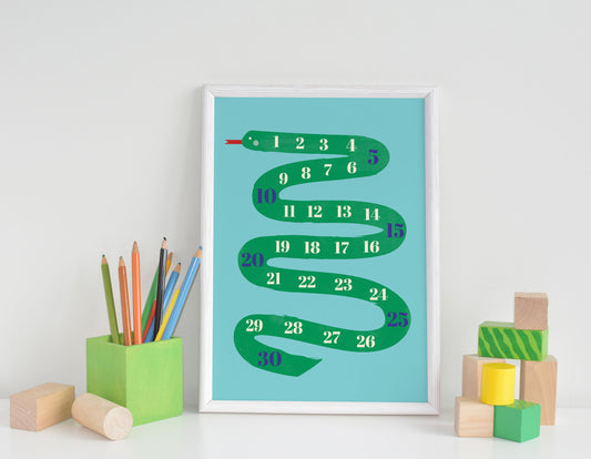 A4 Snake Counting Art Print with a White Frame and ColouringPencils from Lilly & Bright