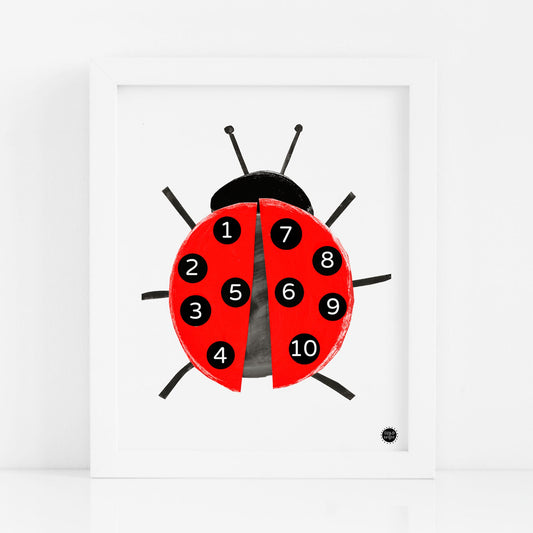 Lilly and Bright Ladybird Counting Art Print with white frame