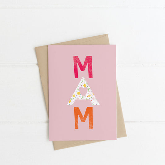 A6 MAM Mothers Day Card with letters in orange and pink 