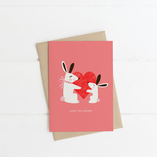 Cute Love you Mama Mother's Day Card with Bunnies holding a big red heart 