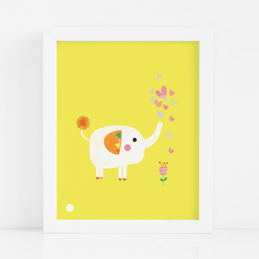 Elephant and flower nursery art print with yellow background