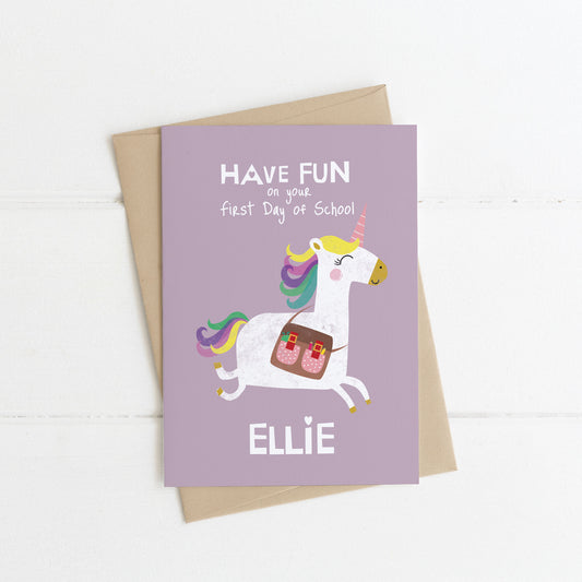 personalised unicorn first day of school card